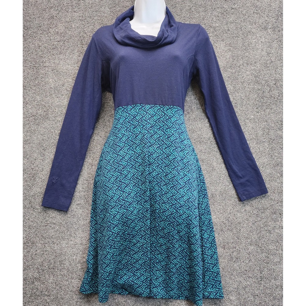 Ibex 100% Merino Wool Cowl Neck Long Sleeve Geometric Knit Dress Women S